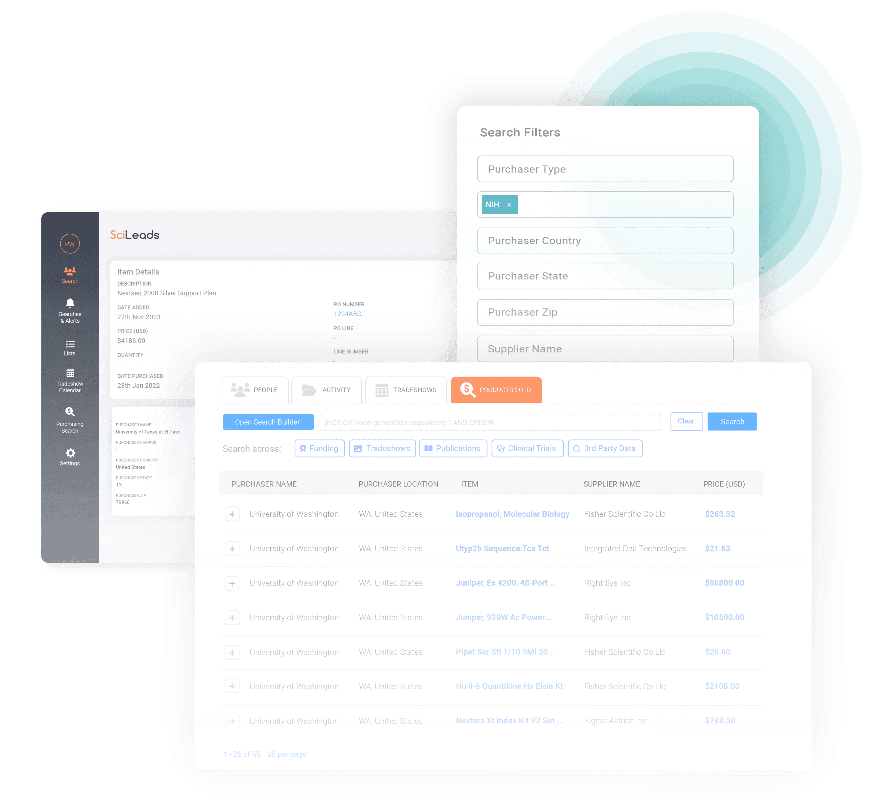 Explore products and services sold, and their named buyers.
