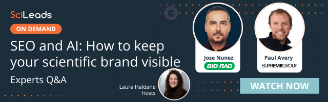 Banner for SciLeads on-demand webinar SEO and AI how to keep your scientific brand visible