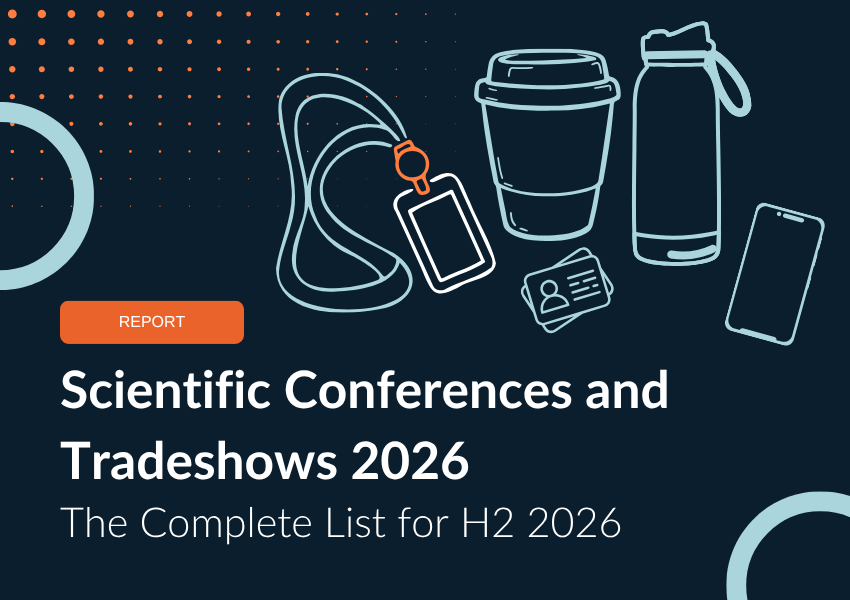 A title image for a report on scientific conferences and tradeshows in H2 2026 - with line drawings of a lanyard pass, business cards, coffee cup, and water bottle.